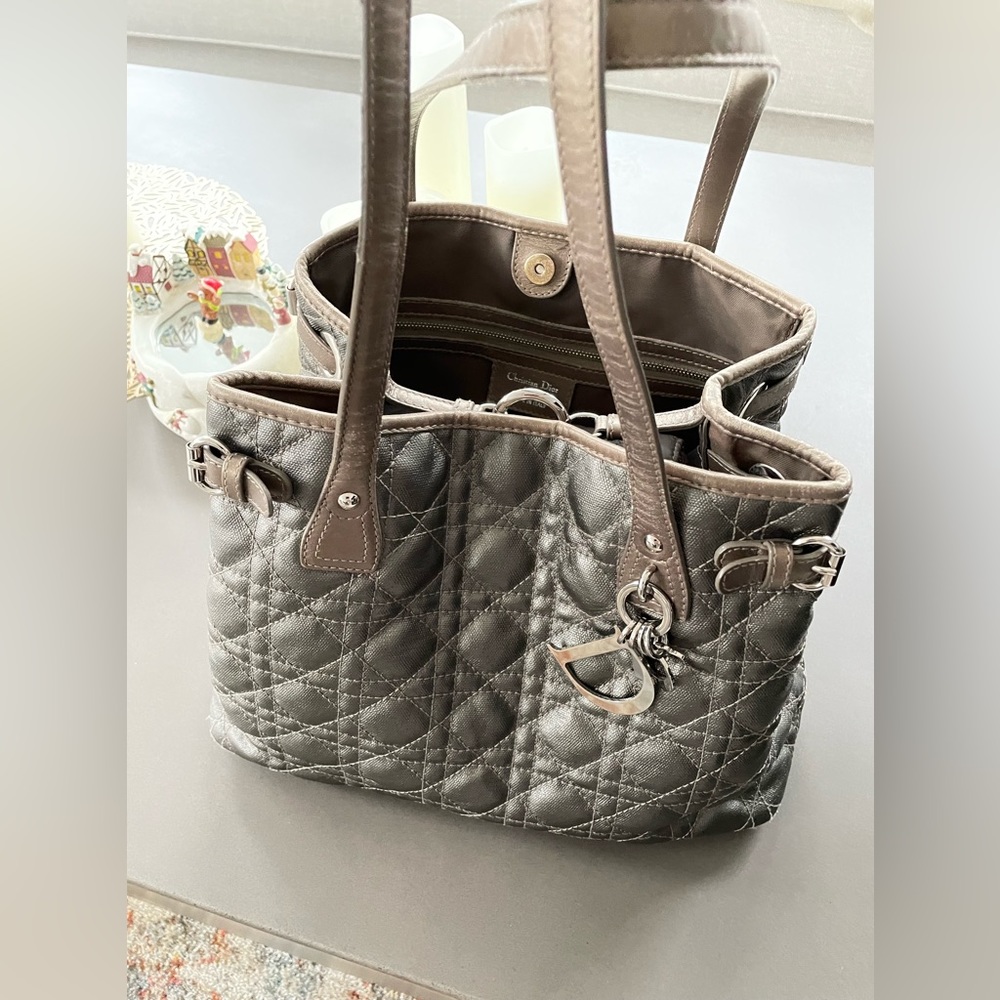 ✨SOLD✨Christian Dior Panarea Cloth Quilt Metallic Gray Tote Bag Silver Hardware - Picture 5 of 16